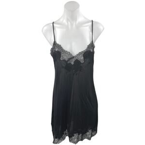 Natori Black Silky Satin Lace Sleeveless Cami Camisole Mini Tank Slip Dress Sz S